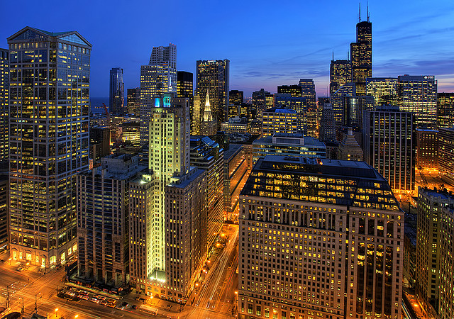 Chicago skyline from 300 North LaSalle. (Explore)